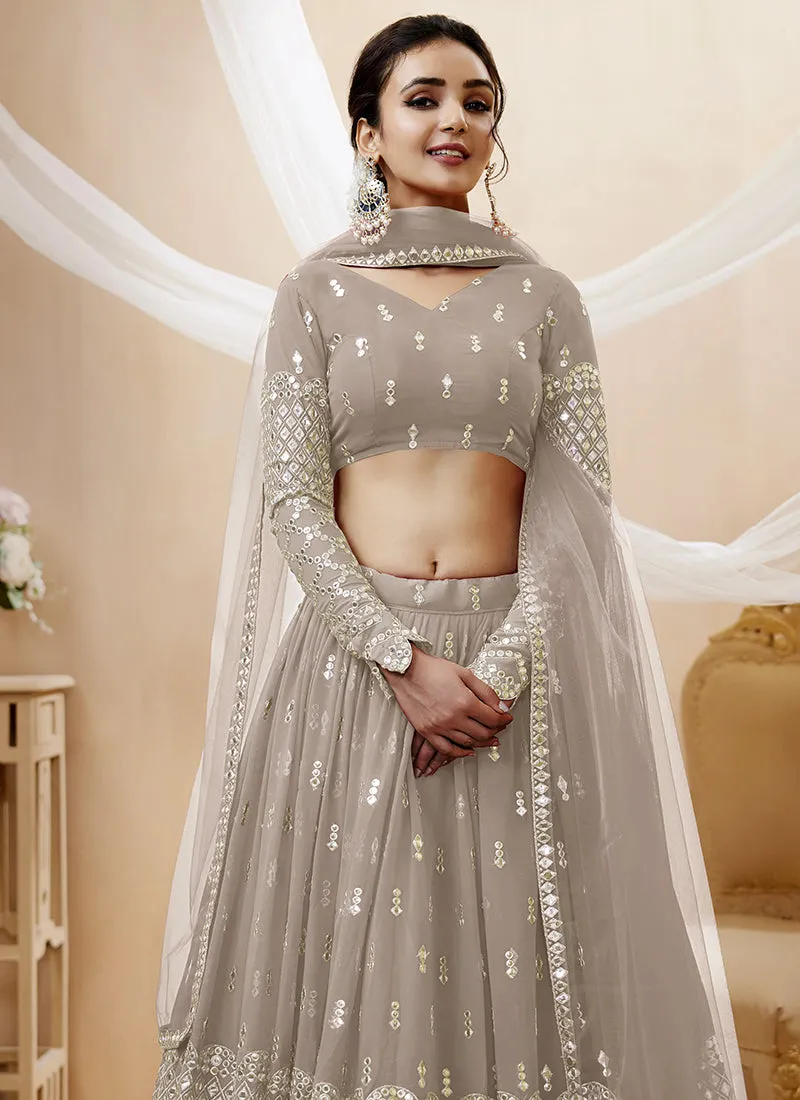 Beige Mirror Work Embroidery Wedding Lehenga Choli