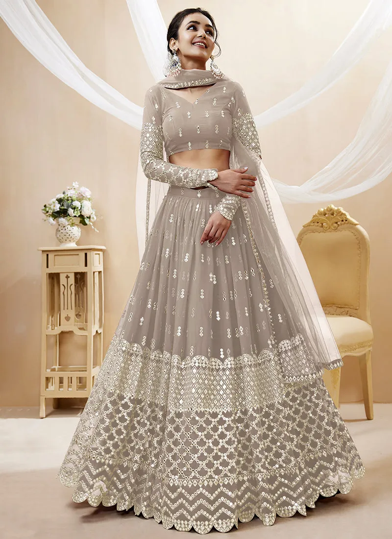 Beige Mirror Work Embroidery Wedding Lehenga Choli