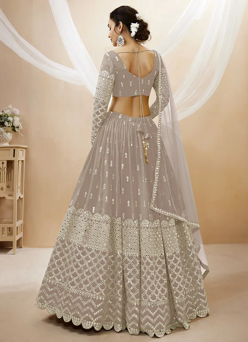 Beige Mirror Work Embroidery Wedding Lehenga Choli