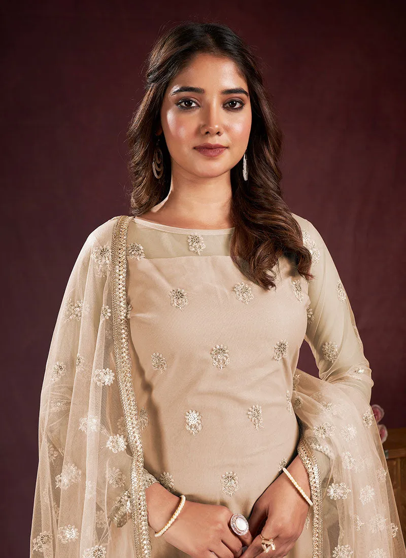 Beige Sequence Embroidery Pant Style Suit