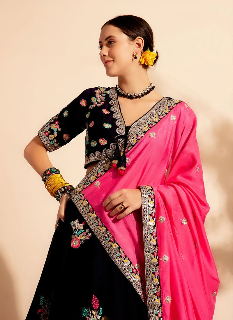 Black And Pink Multi Embroidery Designer Lehenga Choli