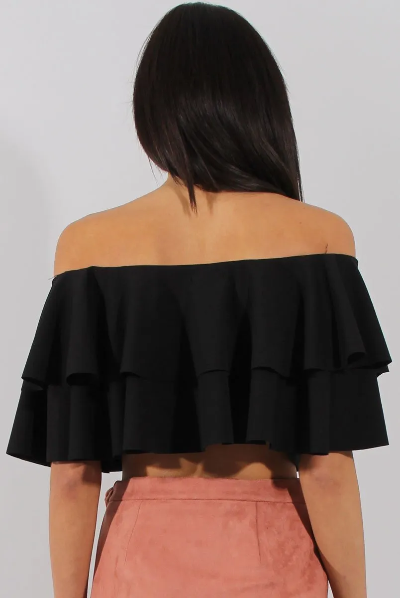 Black Bardot Frill Crop Top - Flissy