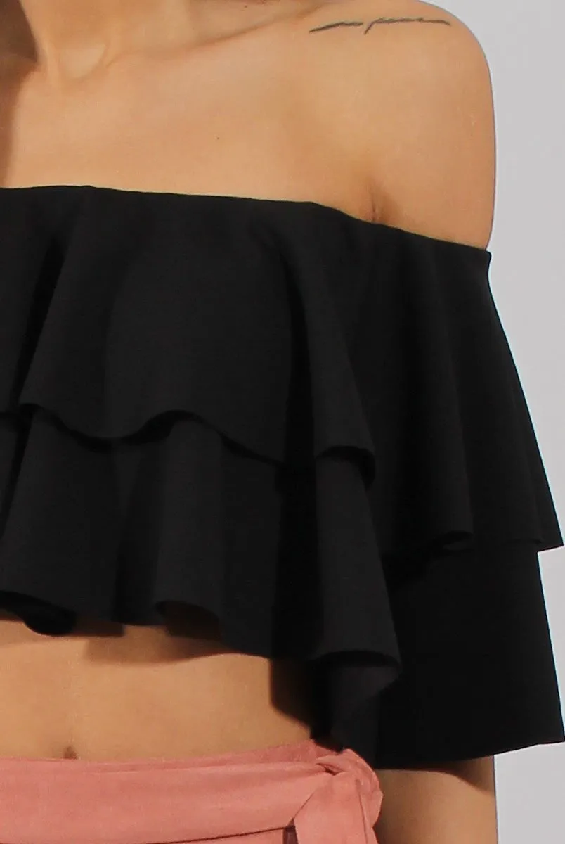 Black Bardot Frill Crop Top - Flissy