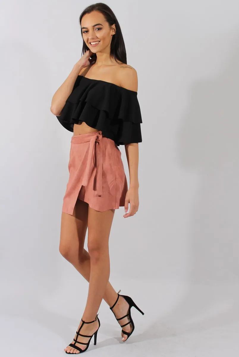 Black Bardot Frill Crop Top - Flissy