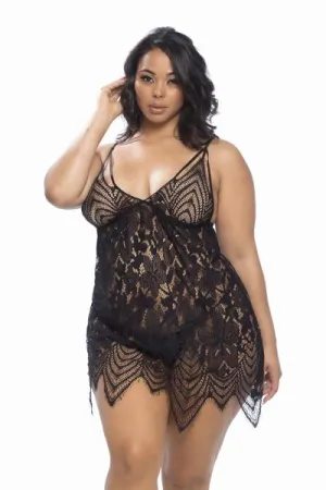 Black - Coco Dramatic Lace Babydoll with G-string - Size