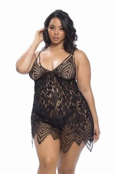 Black - Coco Dramatic Lace Babydoll with G-string - Size