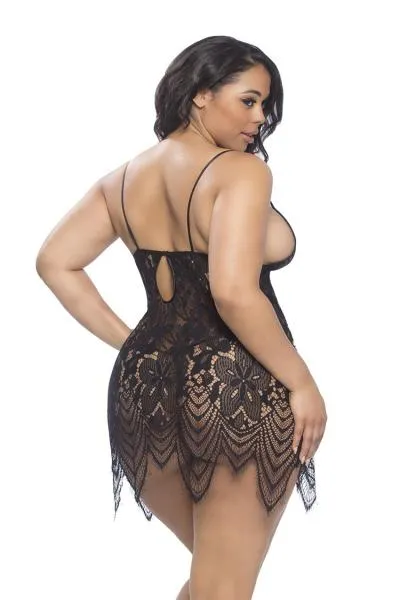 Black - Coco Dramatic Lace Babydoll with G-string - Size