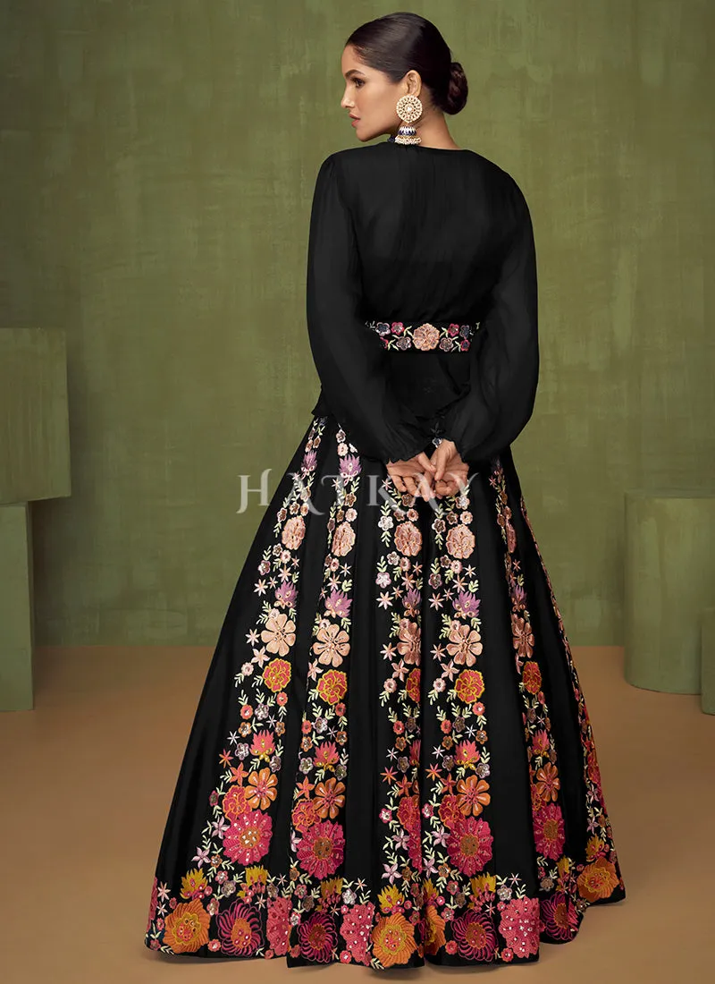 Black Floral Embroidered Peplum Style Lehenga Choli
