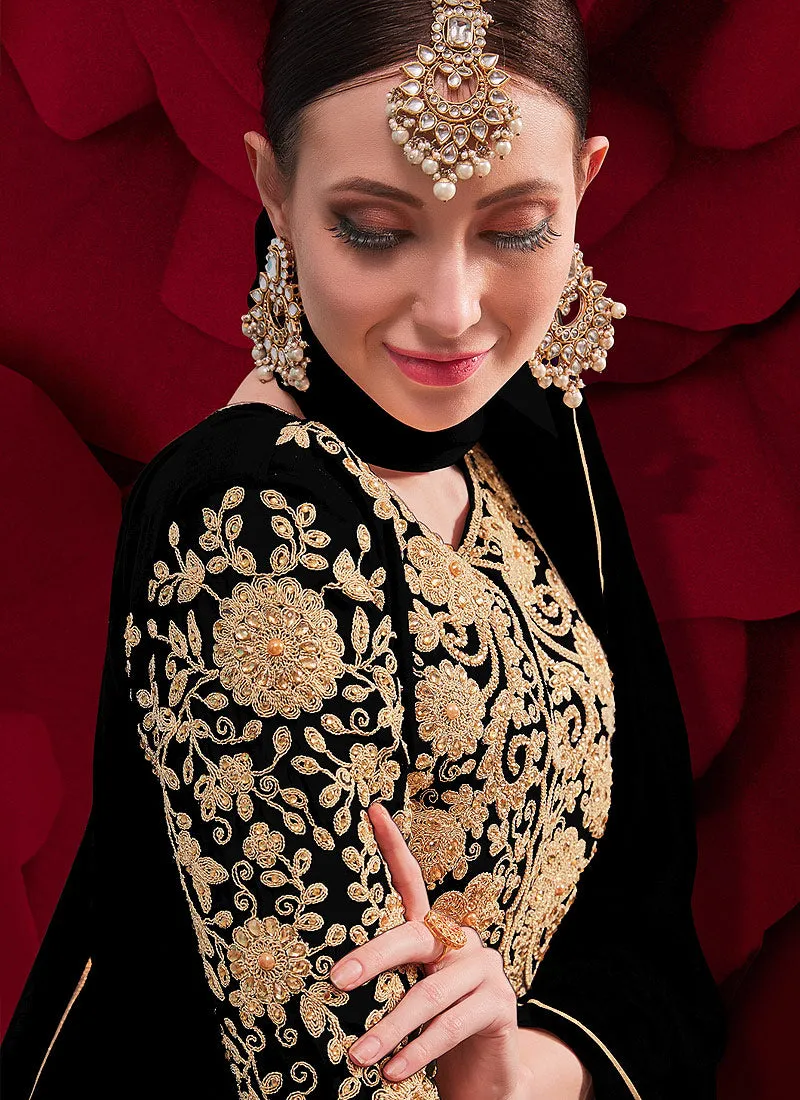 Black Golden Embroidered Slit Style Anarkali Pant Suit