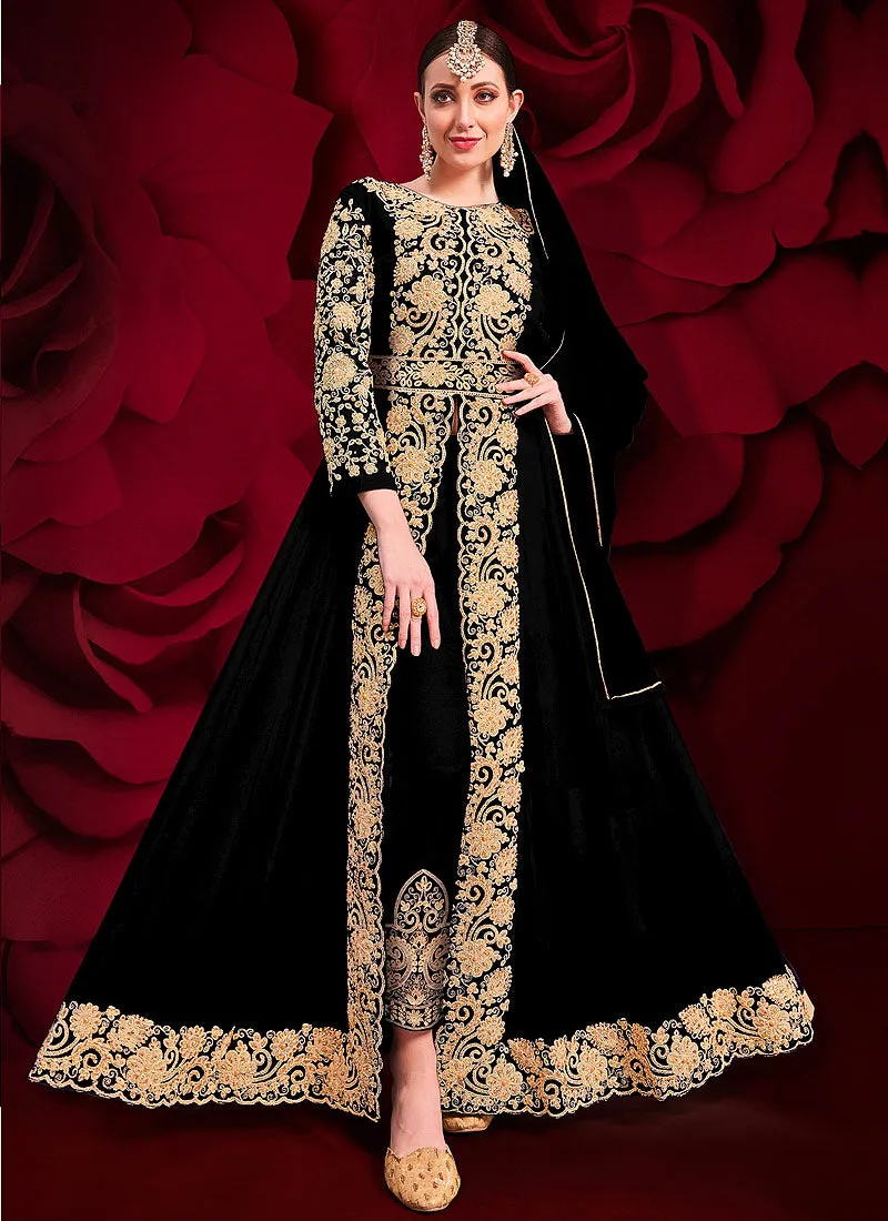 Black Golden Embroidered Slit Style Anarkali Pant Suit
