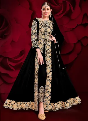 Black Golden Embroidered Slit Style Anarkali Pant Suit