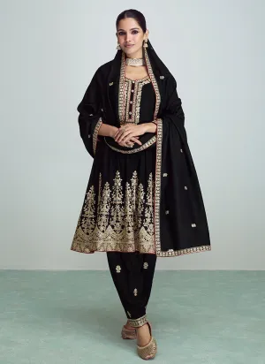 Black Golden Sequence Embroidery Anarkali Pant Suit