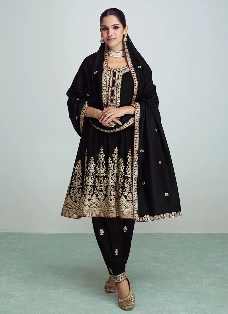 Black Golden Sequence Embroidery Anarkali Pant Suit
