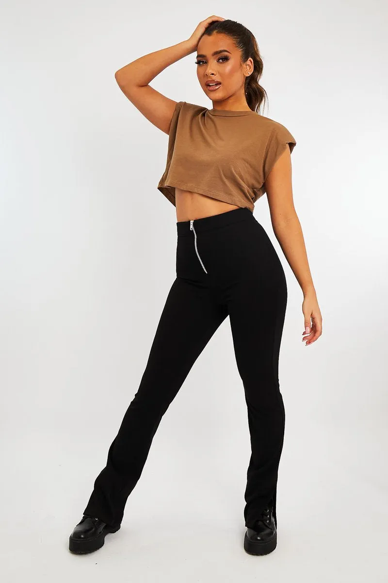 Black Ring Zip Front Split Side Crepe Trousers - Ashton