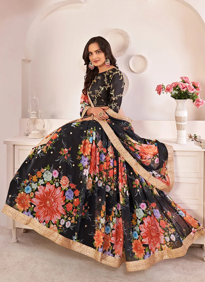 Black Sequence Embellished Floral Lehenga Choli
