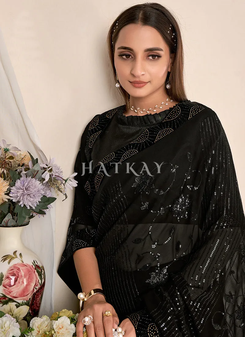 Black Sequence Embroidery Georgette Saree
