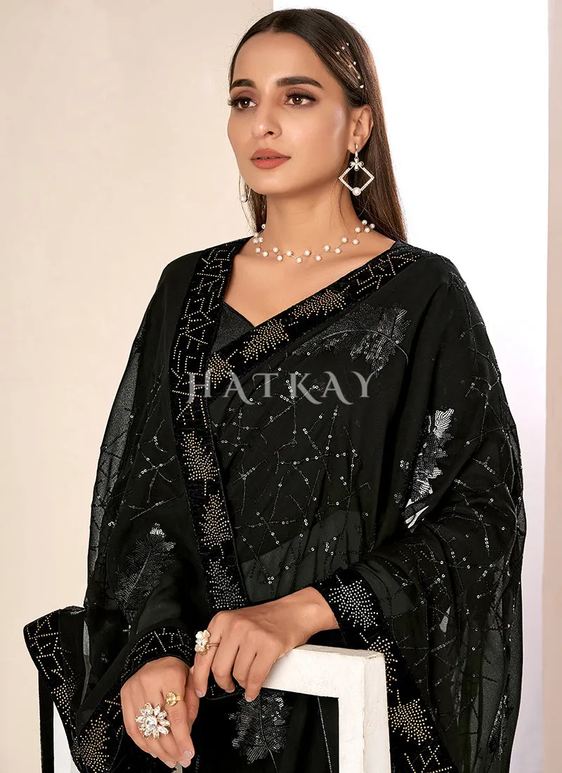 Black Sequence Embroidery Georgette Saree