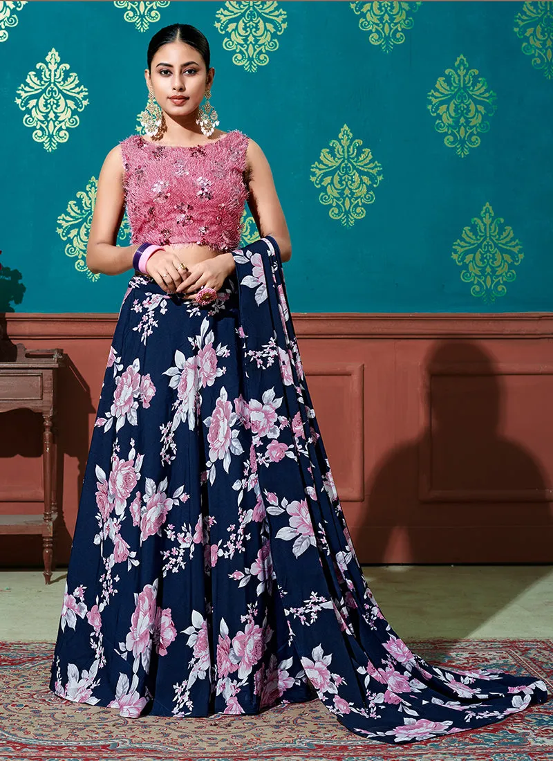 Blue And Pink Sequence Embroidery Festive Lehenga Choli