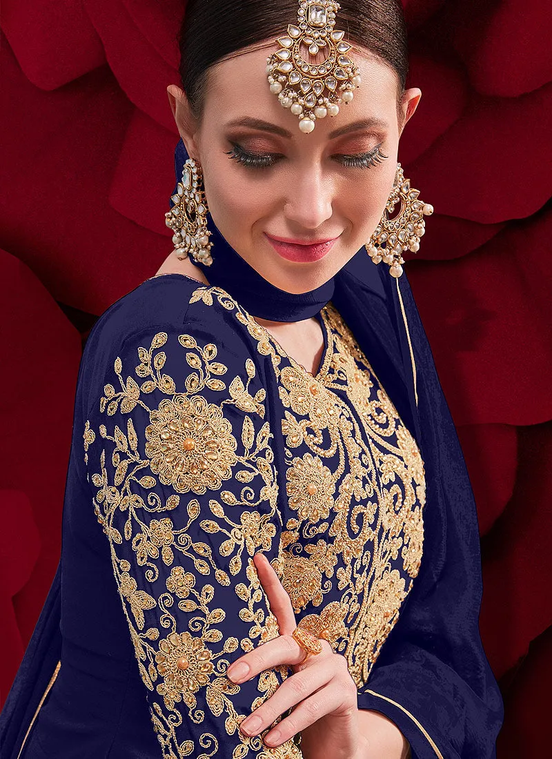 Blue Golden Embroidered Slit Style Anarkali Pant Suit