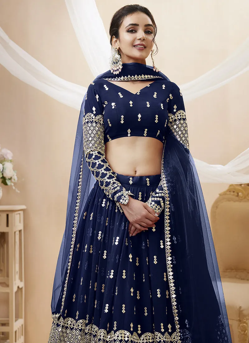 Blue Mirror Work Embroidery Wedding Lehenga Choli