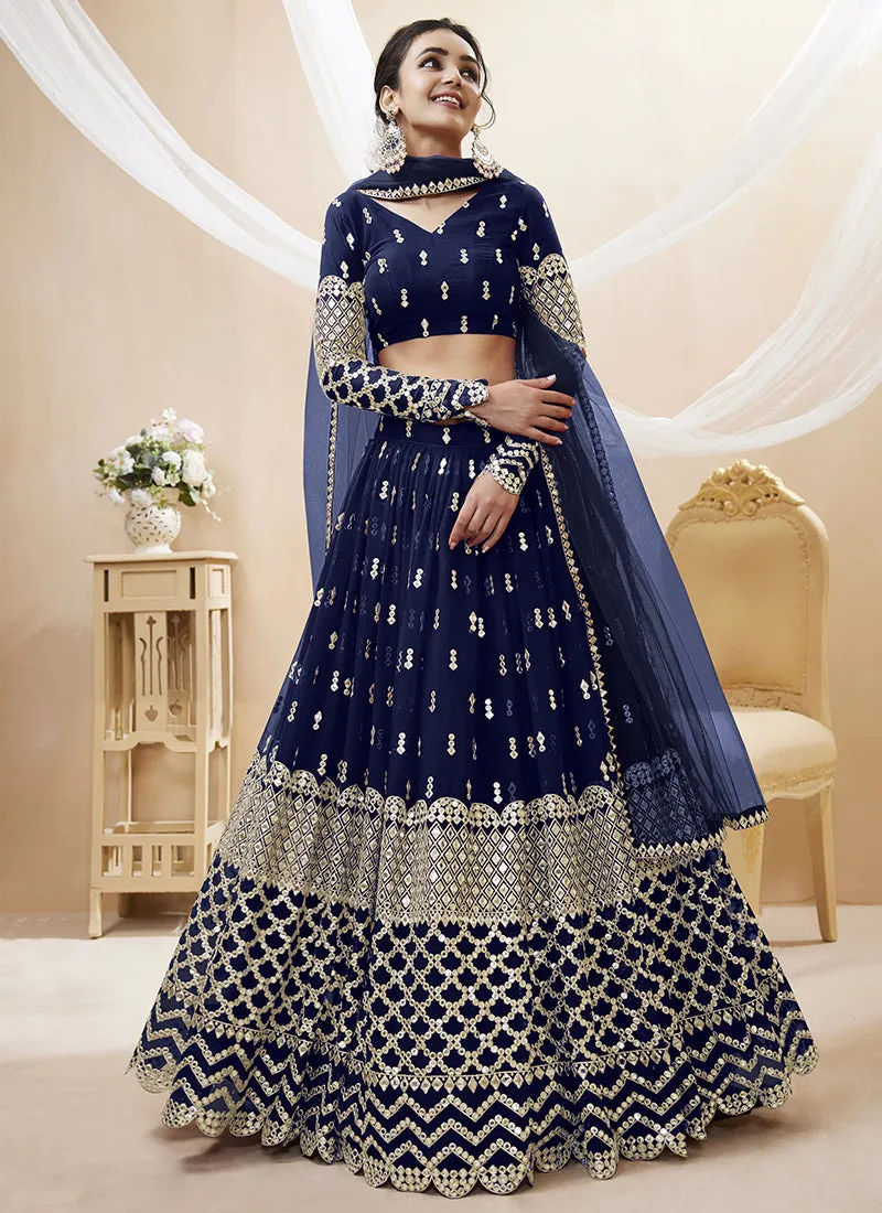 Blue Mirror Work Embroidery Wedding Lehenga Choli