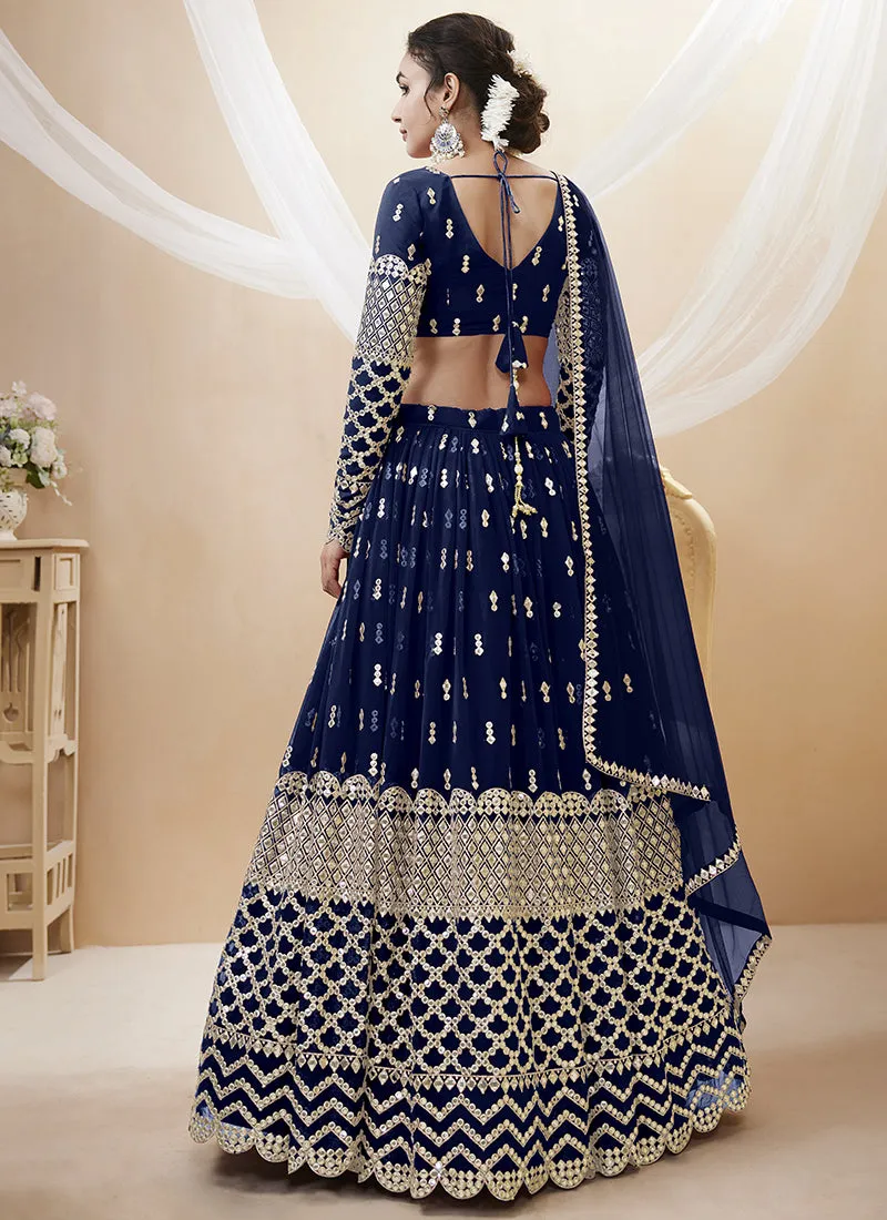 Blue Mirror Work Embroidery Wedding Lehenga Choli