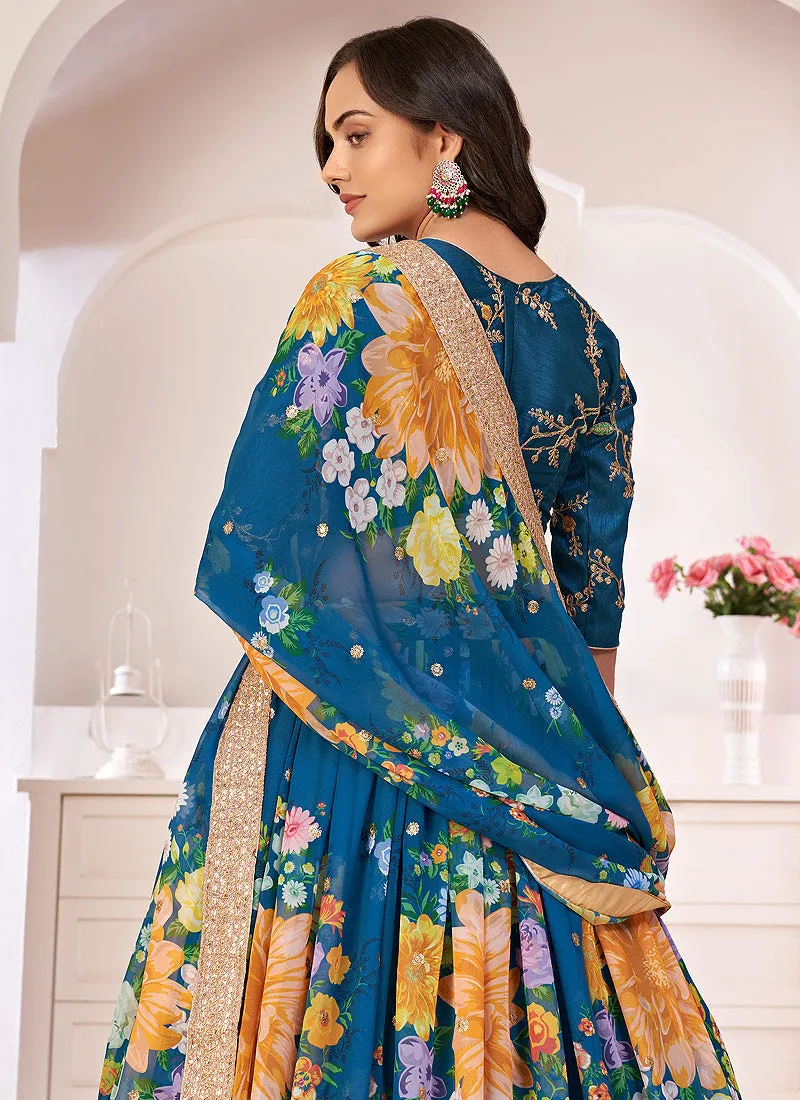 Blue Sequence Embellished Floral Lehenga Choli