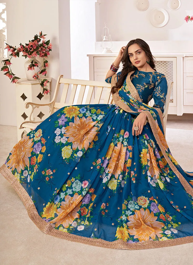 Blue Sequence Embellished Floral Lehenga Choli