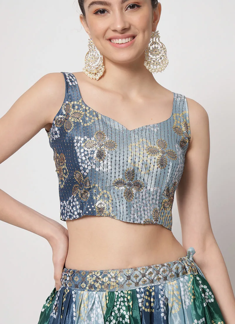 Blue Sequence Embroidery Digital Printed Lehenga Choli
