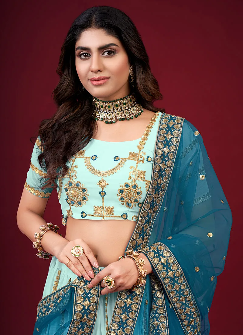 Blue Two Tone Multi Embroidery Wedding Lehenga Choli