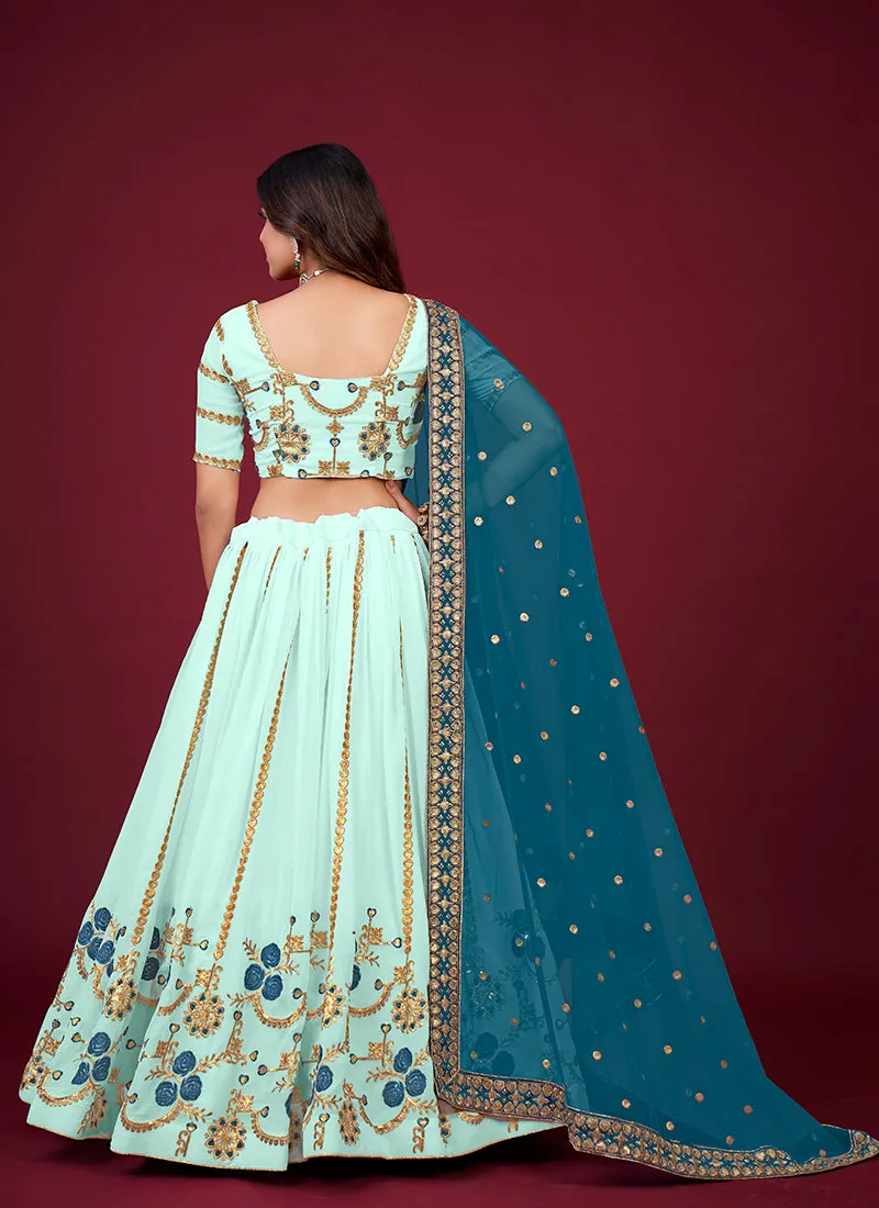 Blue Two Tone Multi Embroidery Wedding Lehenga Choli