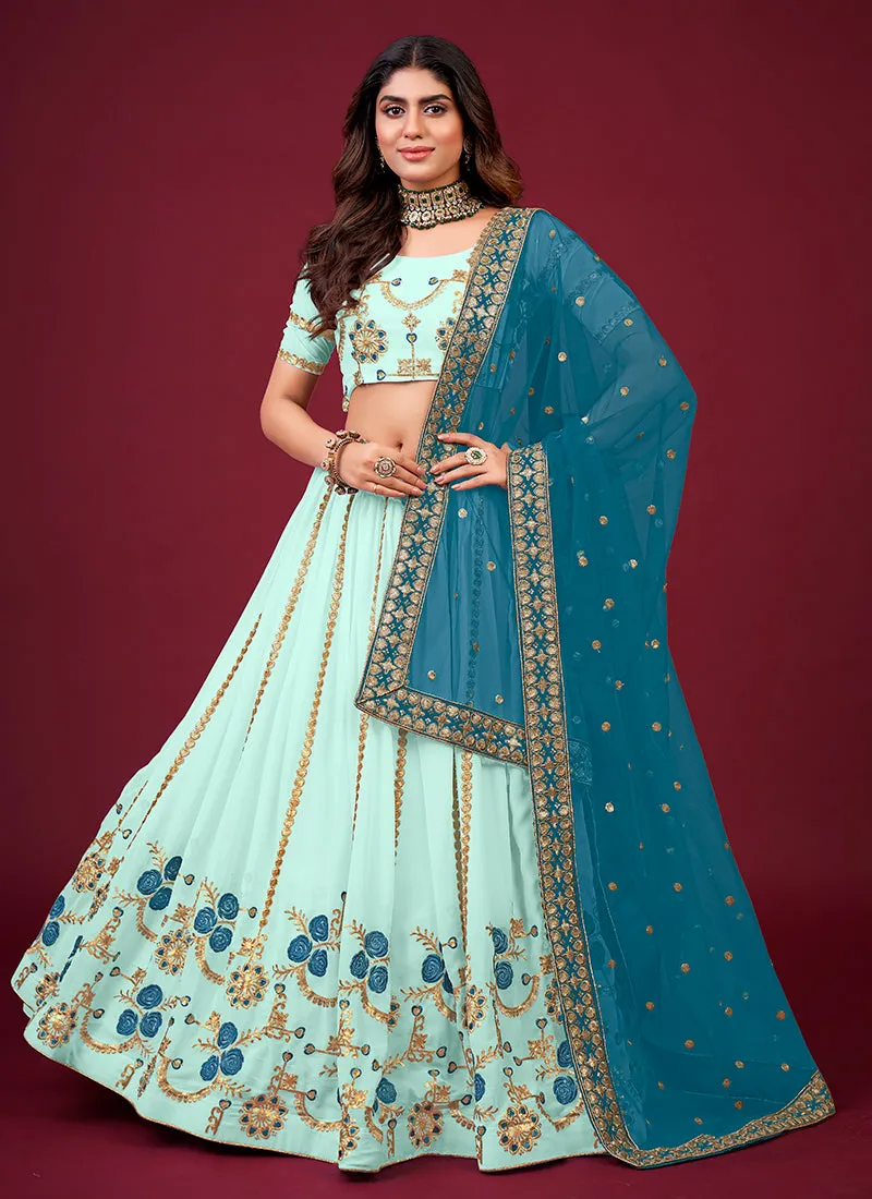 Blue Two Tone Multi Embroidery Wedding Lehenga Choli