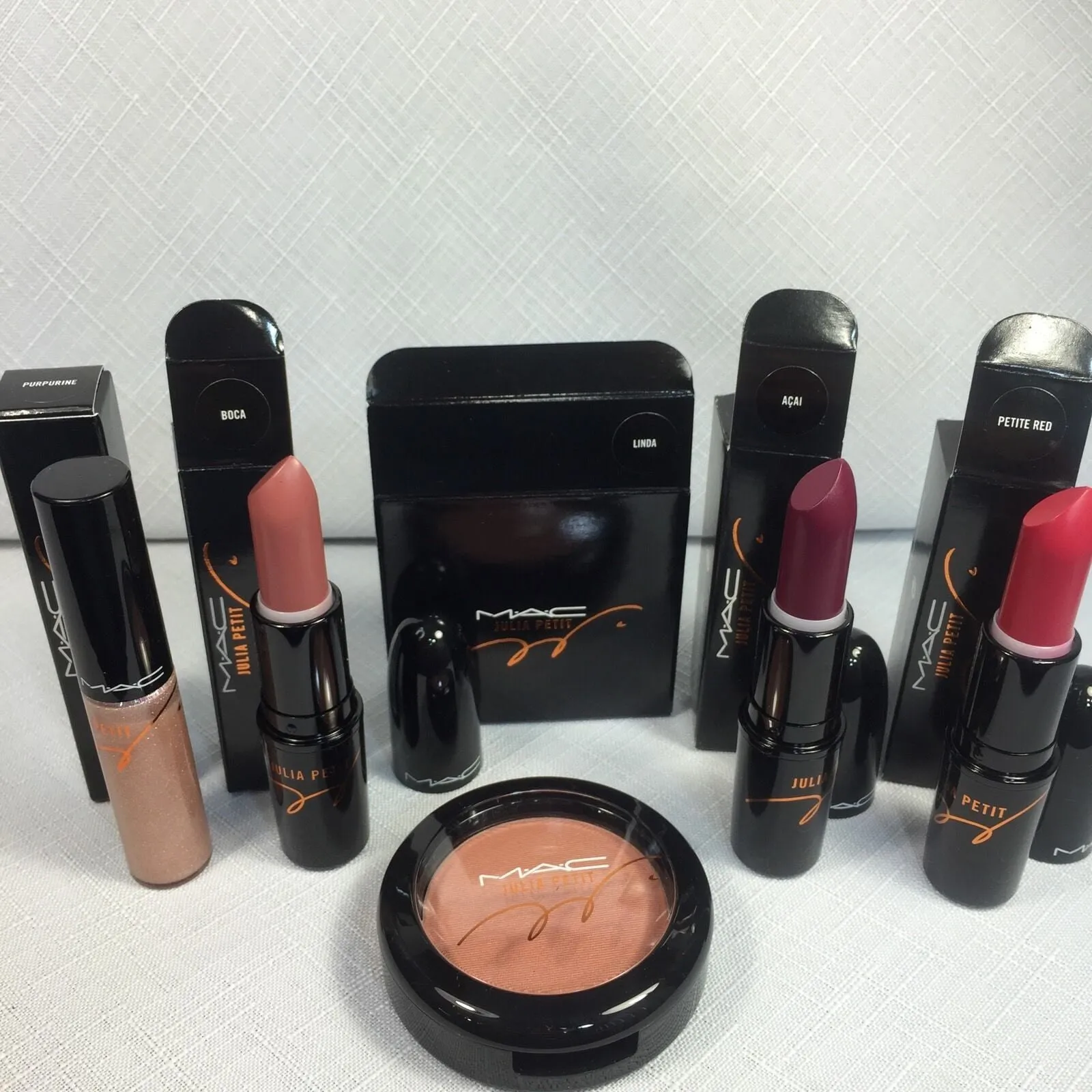 BNIB MAC JULIA PETIT 5pc Lipstick Blush Lipglass Linda Boca Acai Red w/receipt