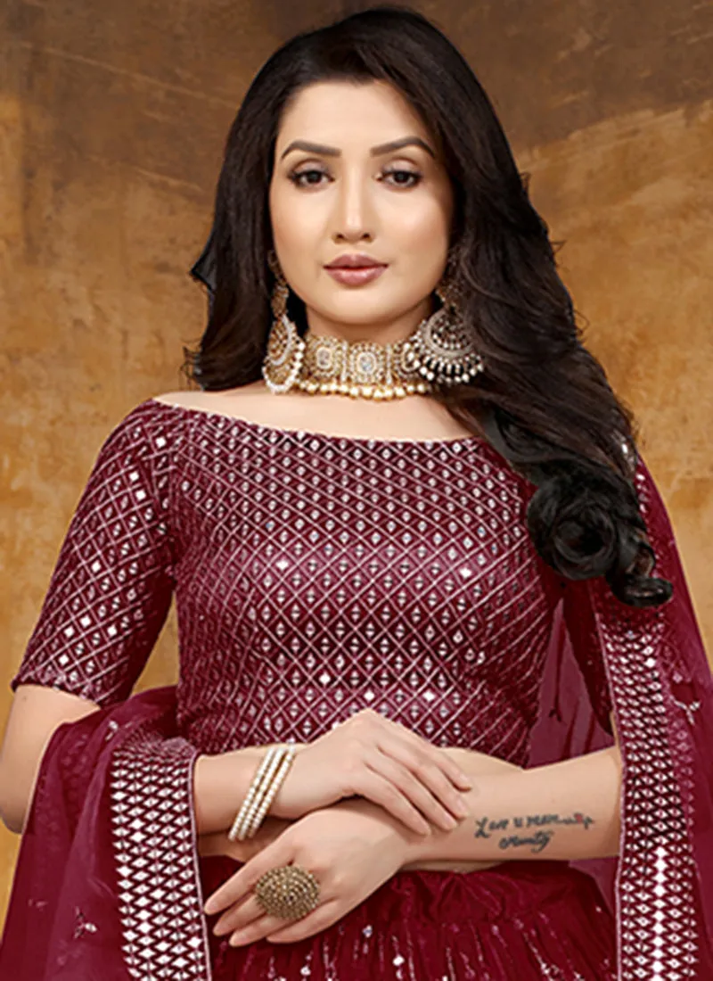 Bridal Red Mirror Work Net Lehenga Choli