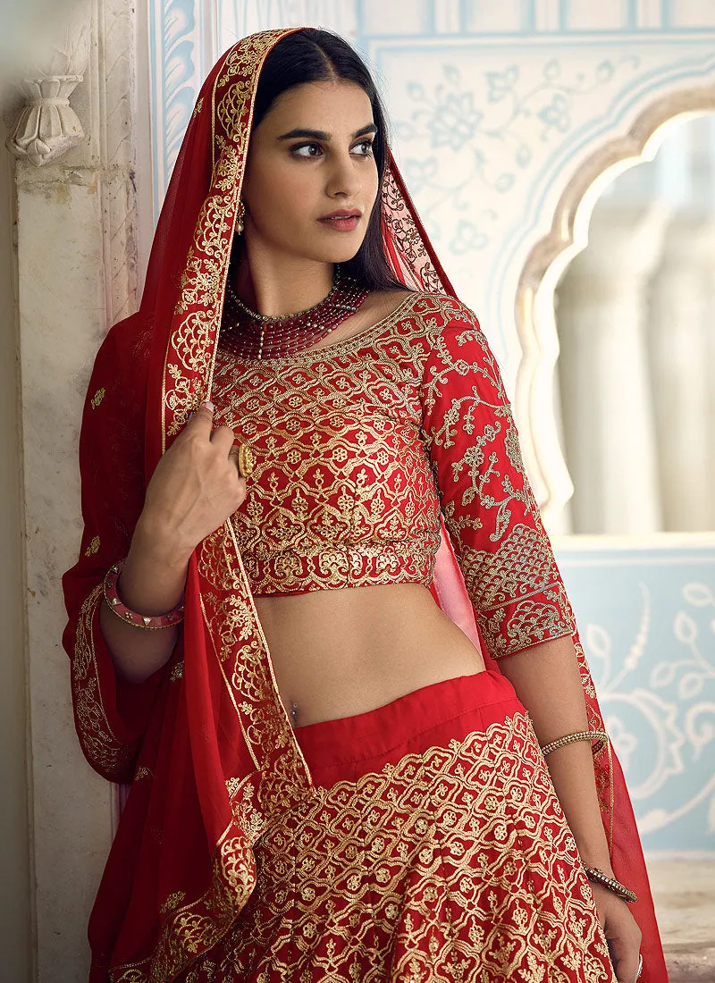 Bridal Red Zari Zarkan Embroidered Designer Lehenga Choli