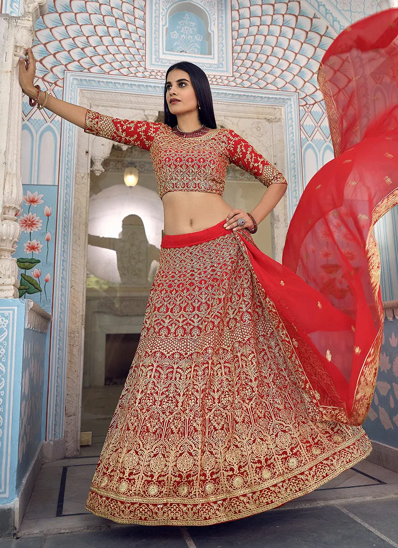 Bridal Red Zari Zarkan Embroidered Designer Lehenga Choli