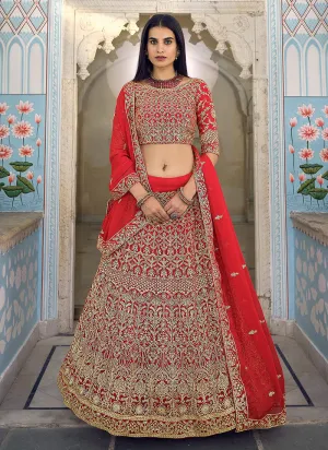 Bridal Red Zari Zarkan Embroidered Designer Lehenga Choli