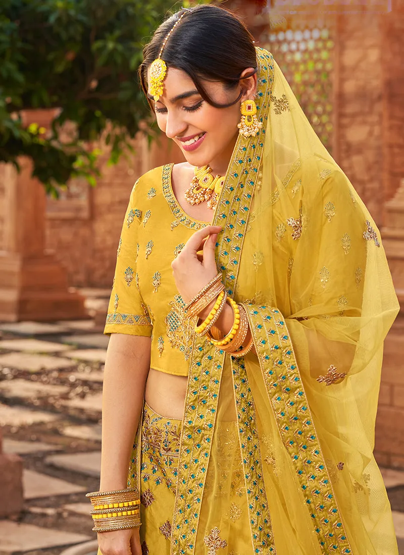 Bright Yellow Zari Embroidered Wedding Lehenga Choli
