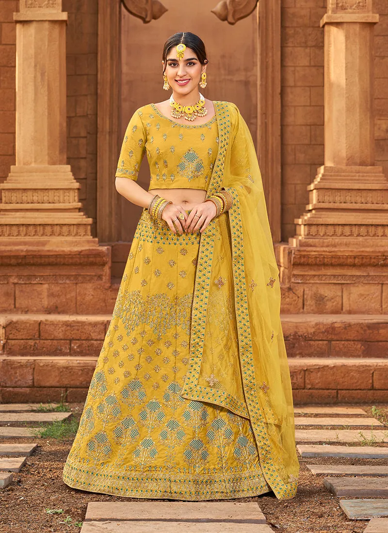 Bright Yellow Zari Embroidered Wedding Lehenga Choli