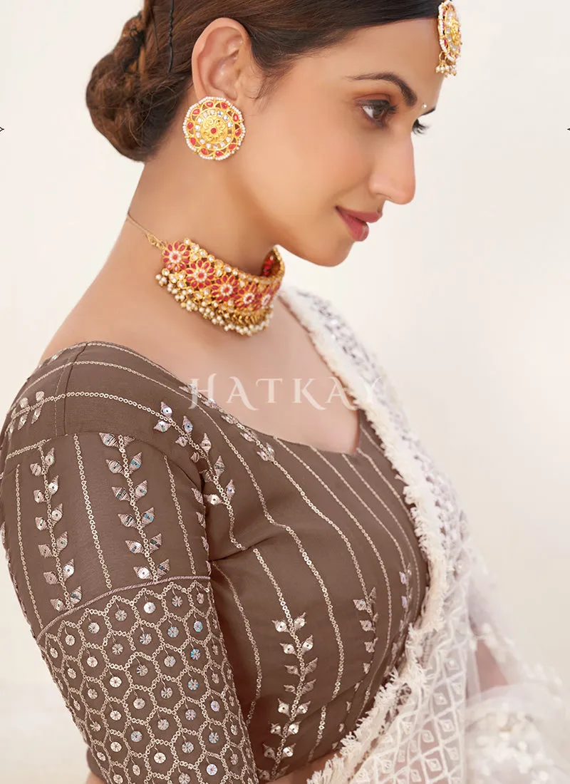Brown And White Sequence Embroidery Lehenga Choli