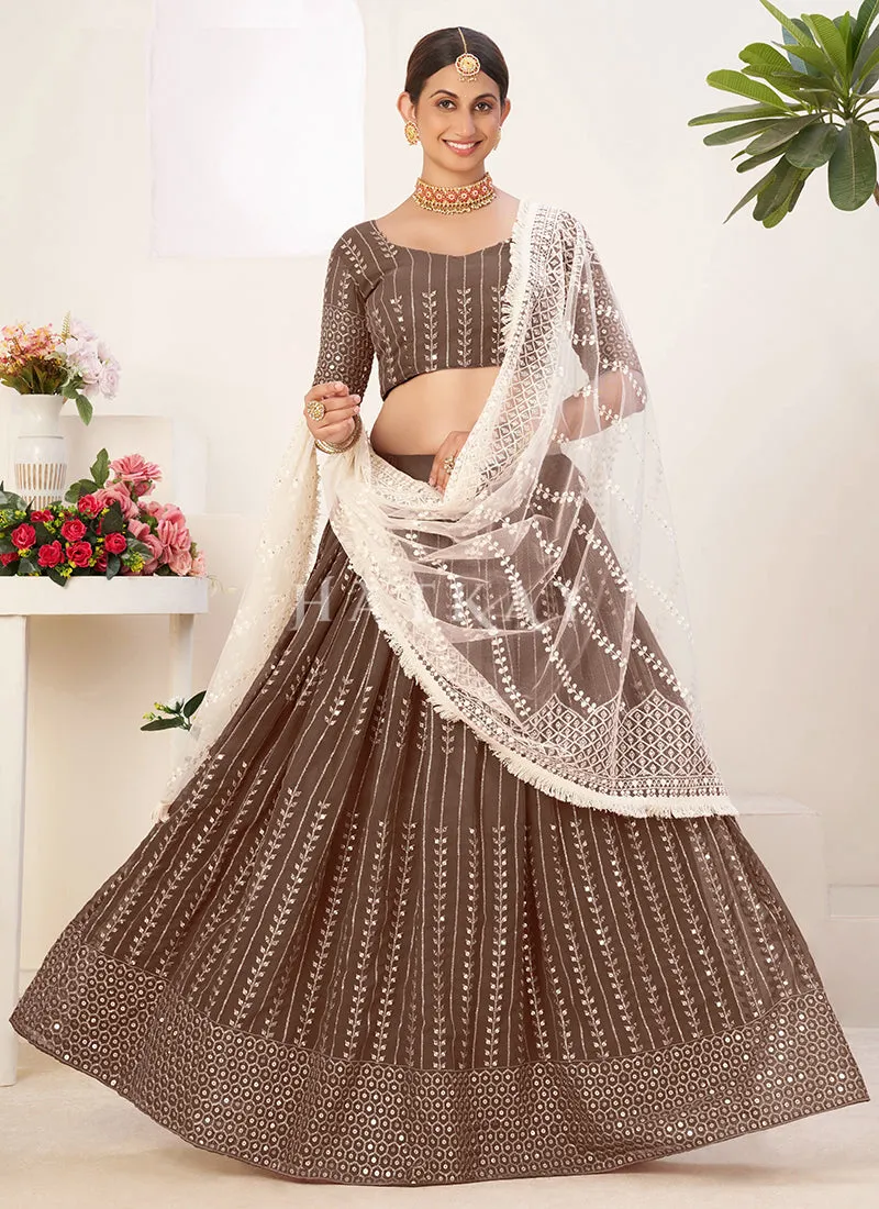 Brown And White Sequence Embroidery Lehenga Choli