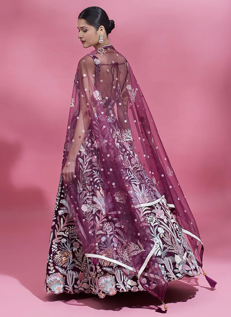 Burgundy Multi Embroidery Lehenga Choli And Dupatta