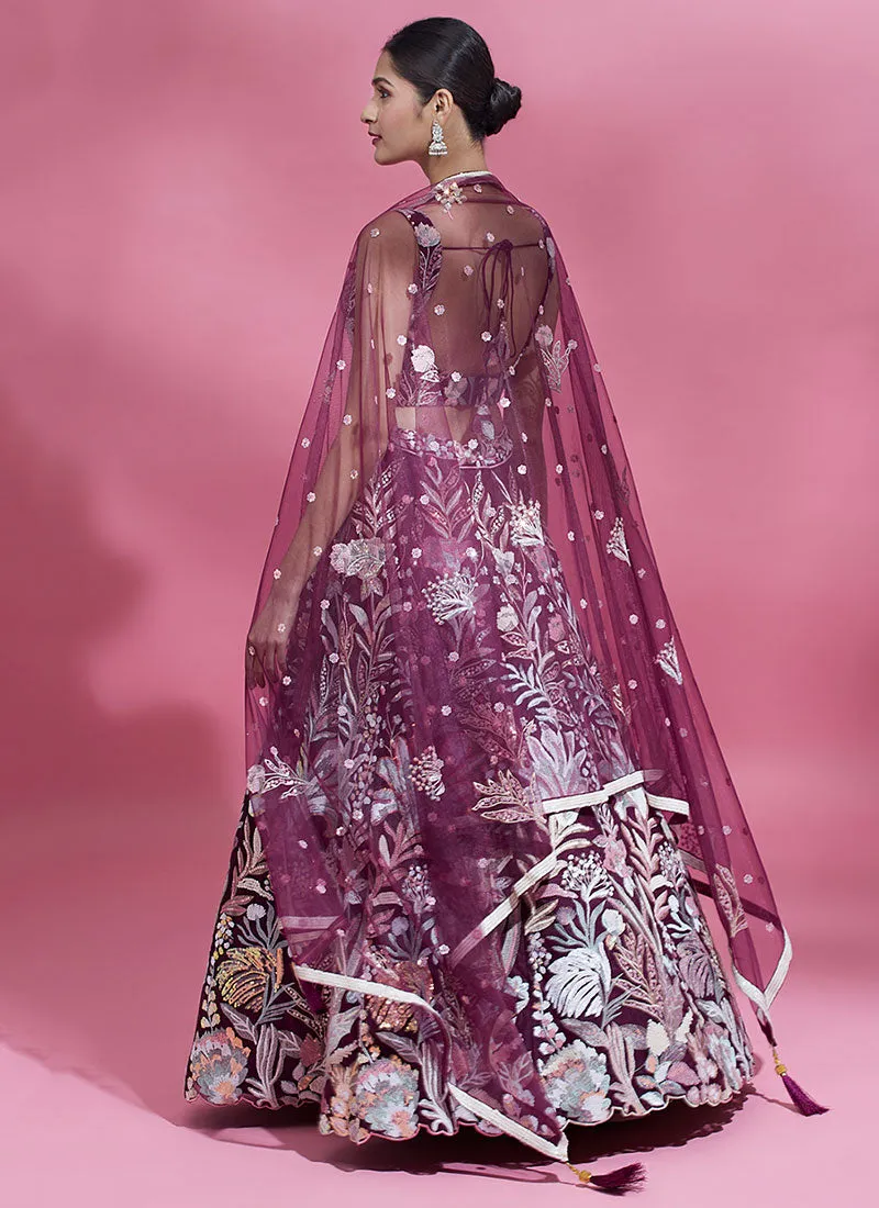 Burgundy Multi Embroidery Lehenga Choli And Dupatta