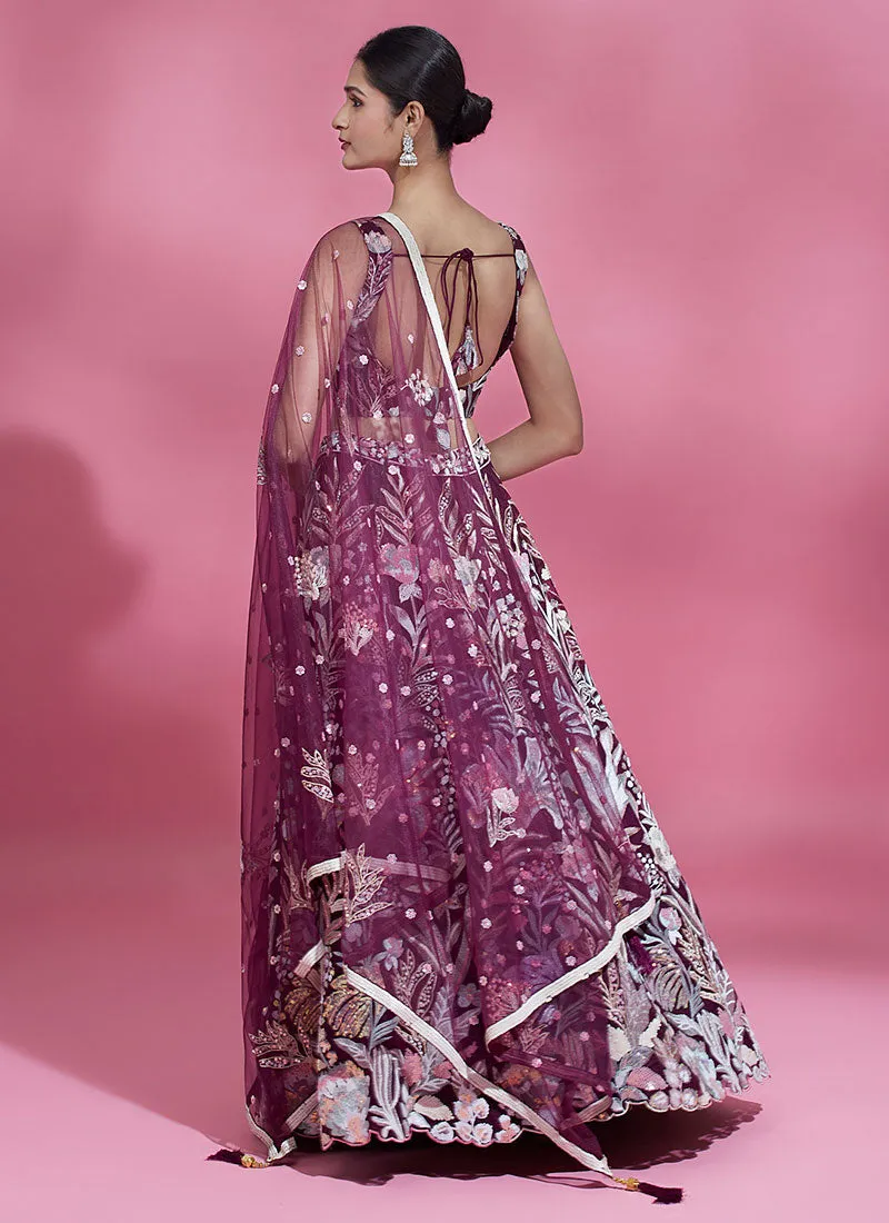 Burgundy Multi Embroidery Lehenga Choli And Dupatta