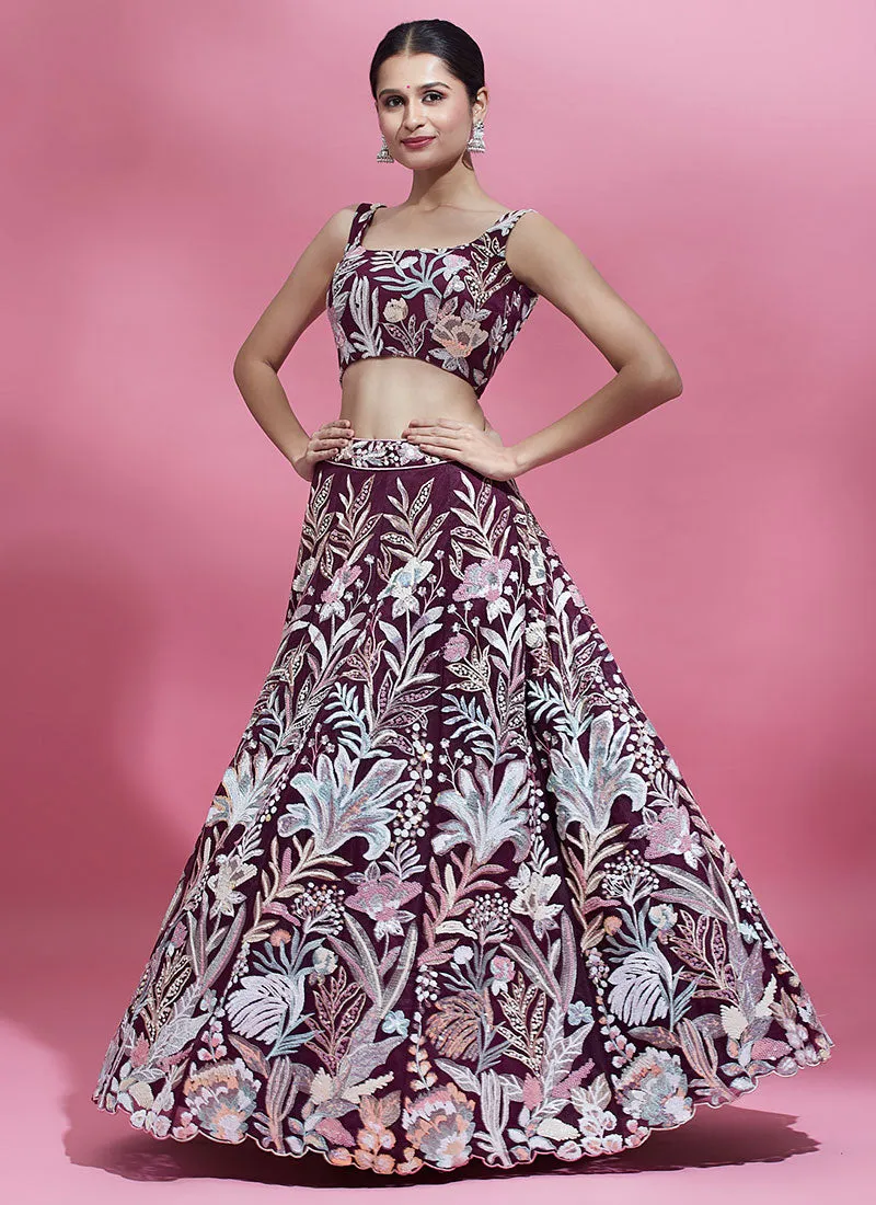 Burgundy Multi Embroidery Lehenga Choli And Dupatta