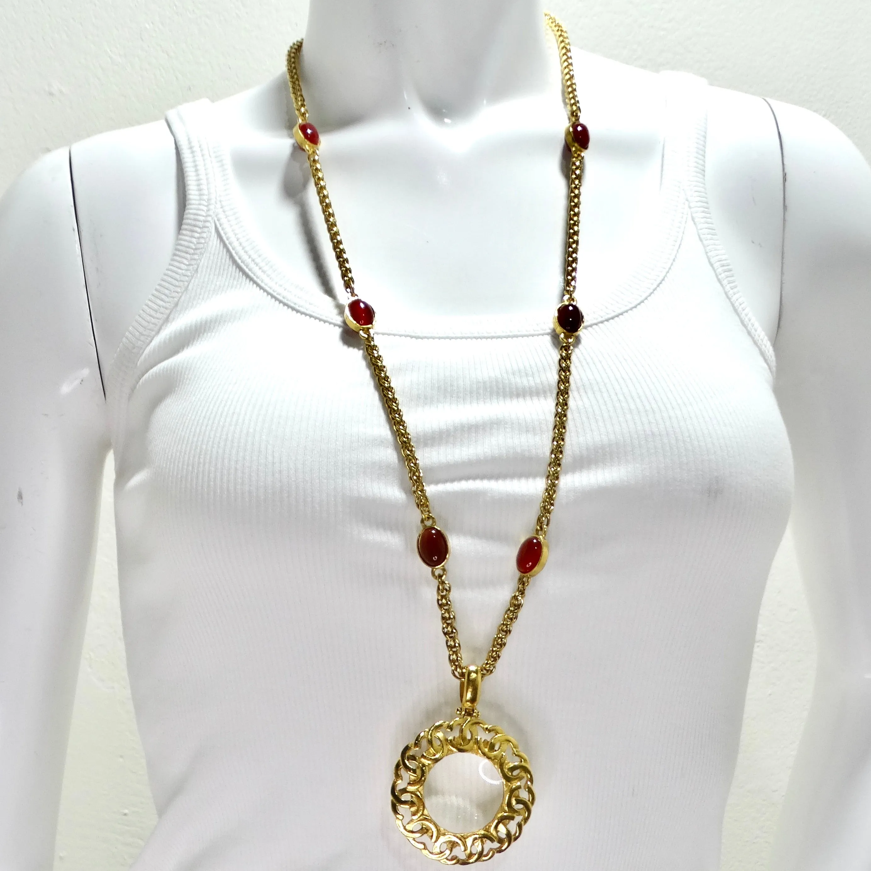 Chanel 1995 Gold Tone Gripoix Glass Pendant Necklace