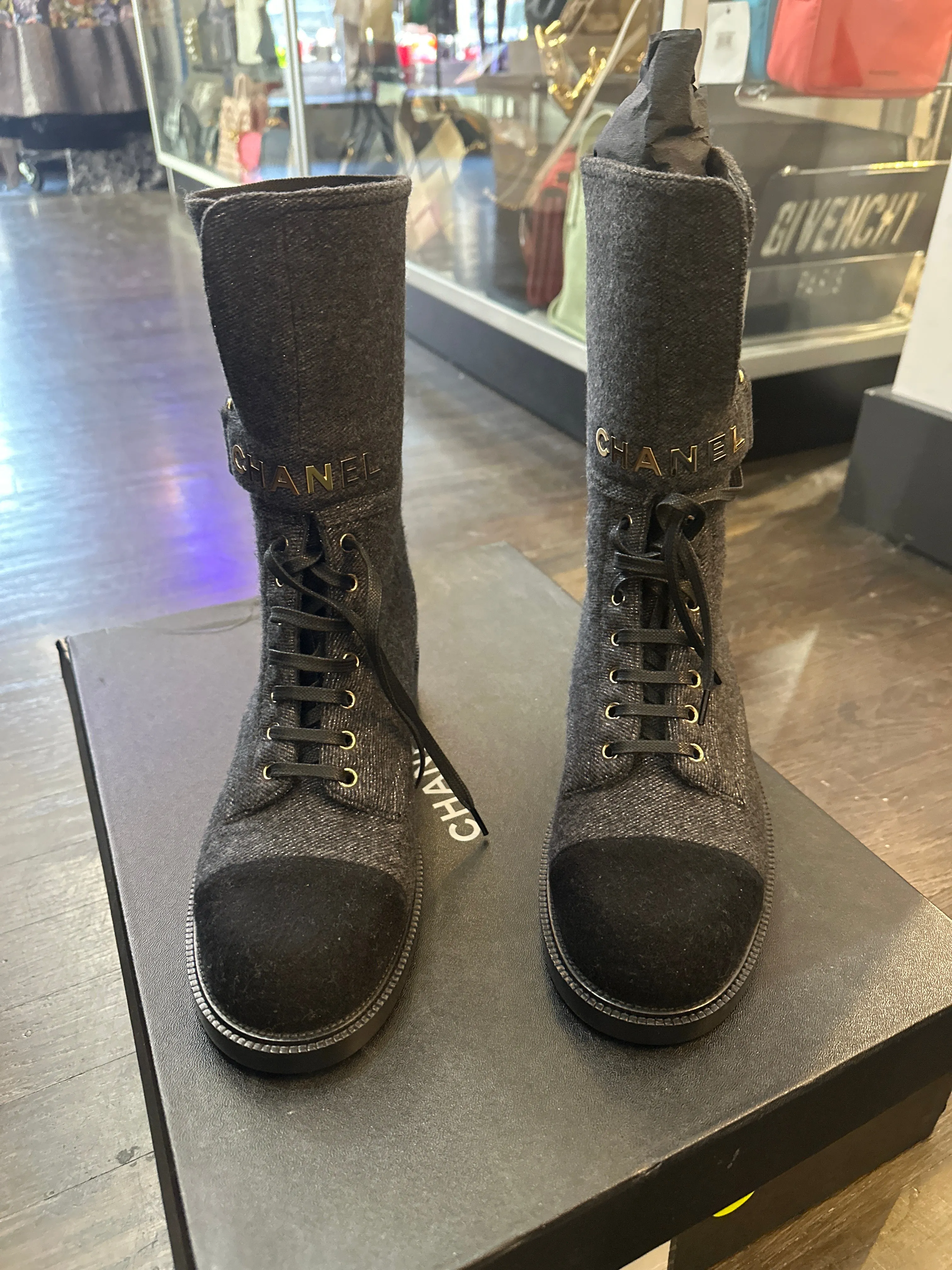 CHANEL Grey and Black Tweed with Silver Sparkle Lace Up Midi Bootie with CHanel Gold Label