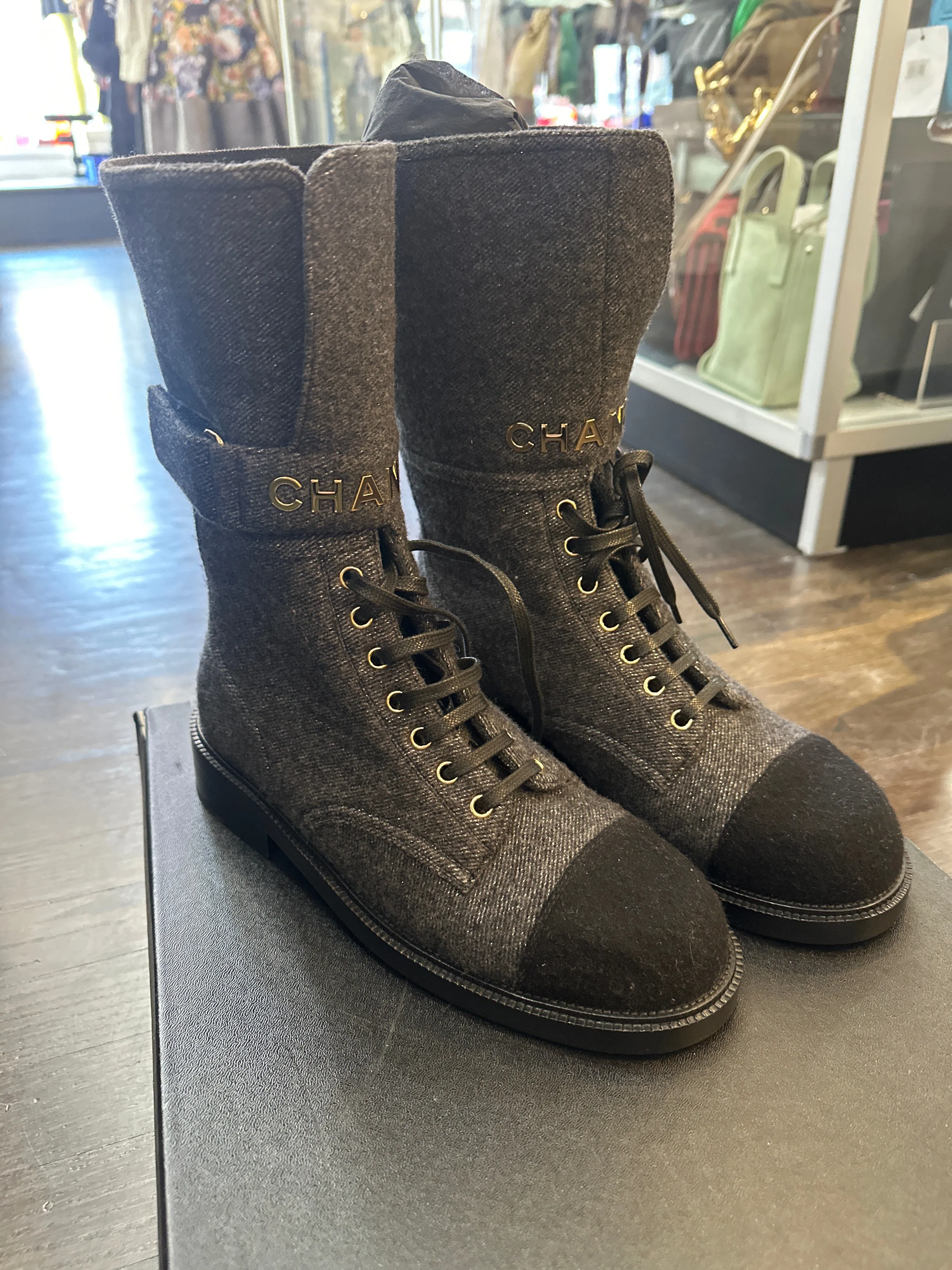 CHANEL Grey and Black Tweed with Silver Sparkle Lace Up Midi Bootie with CHanel Gold Label