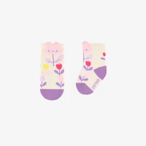 Chaussettes crème à motifs de fleurs, naissance  || Cream socks with flowers patterns, newborn