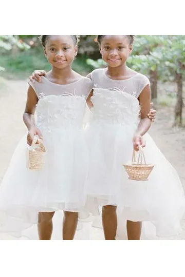Cheap A-Line Sleeveless High Low White Tulle Flower Girl Dress With Appliques OHR045